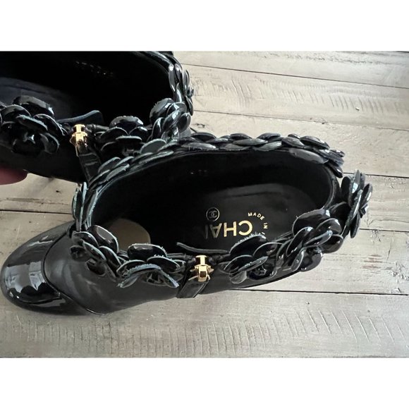 CHANEL Camellia Flowers Patent Leather Heeled Ankle Booties Black Size 38C - Picture 12 of 13